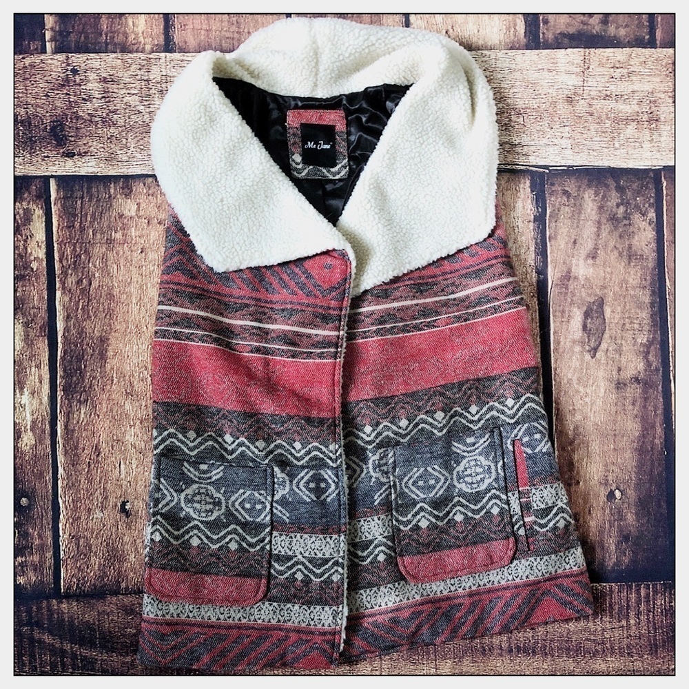 Tribal Patterned Faux Shearling Boho Vest